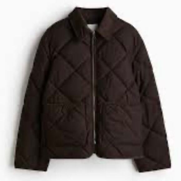 H&M Women Small Quilted Jacket Dark Brown Corduroy Collar Boxy Fit - Picture 3 of 11